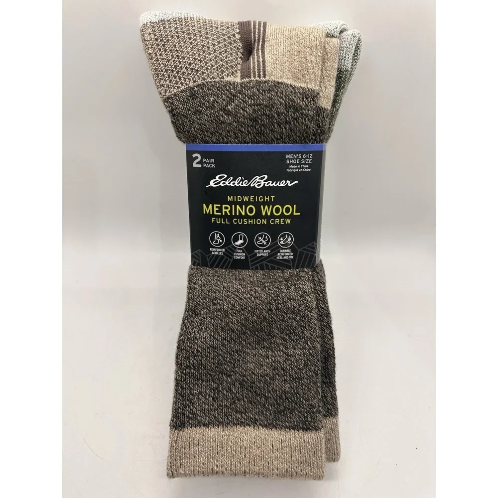 Eddie Bauer Merino Wool Crew Socks 2 Pair Pack Mens 6-12 Midweight